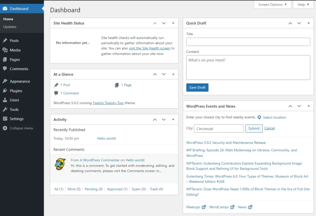 wordpress dashboard